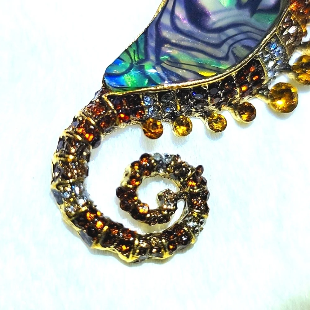 Fabulous Amber Colored Rhinestone & Abalone Sea Horse Gold Tone Brooch Pin
